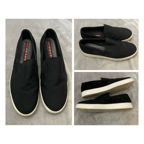 Prada Men's Black Suede Canvas Slip-On Sneaker Shoes Size 8 - Picture 1 of 7